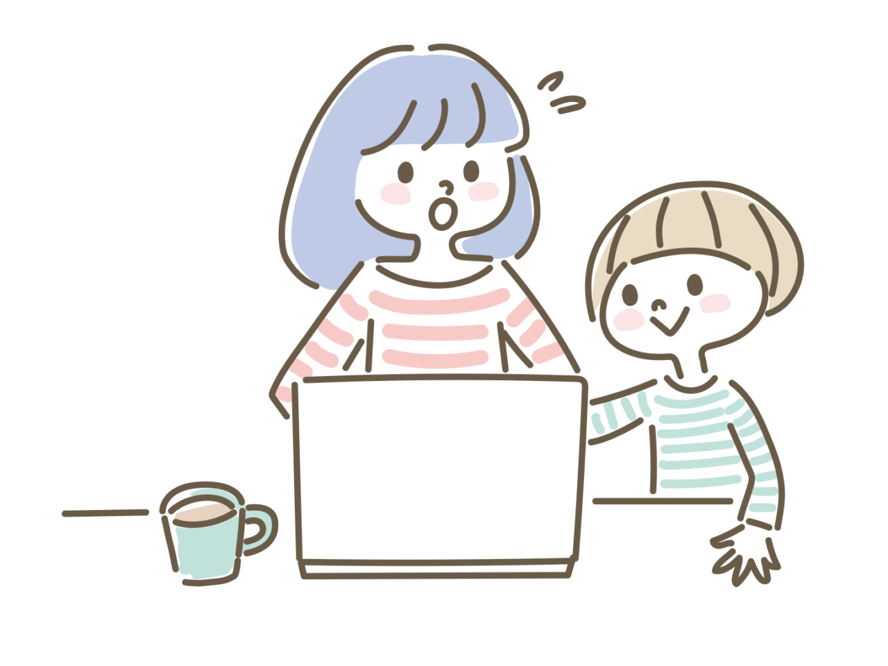 女の人と子どもがパソコンを操作しているイラスト
